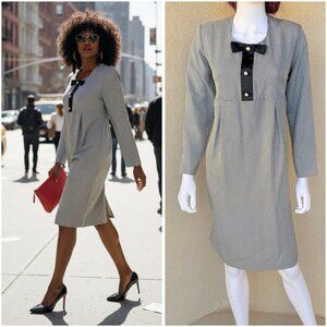 Vintage 80s Houndstooth Bow-Front Day Dress